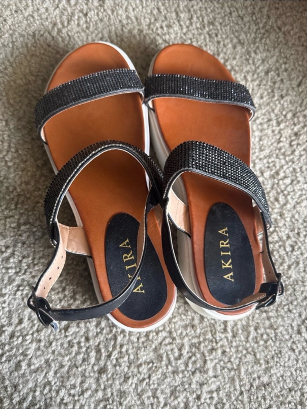AKIRA Black Beaded Strap Sandals with Tan Footbed